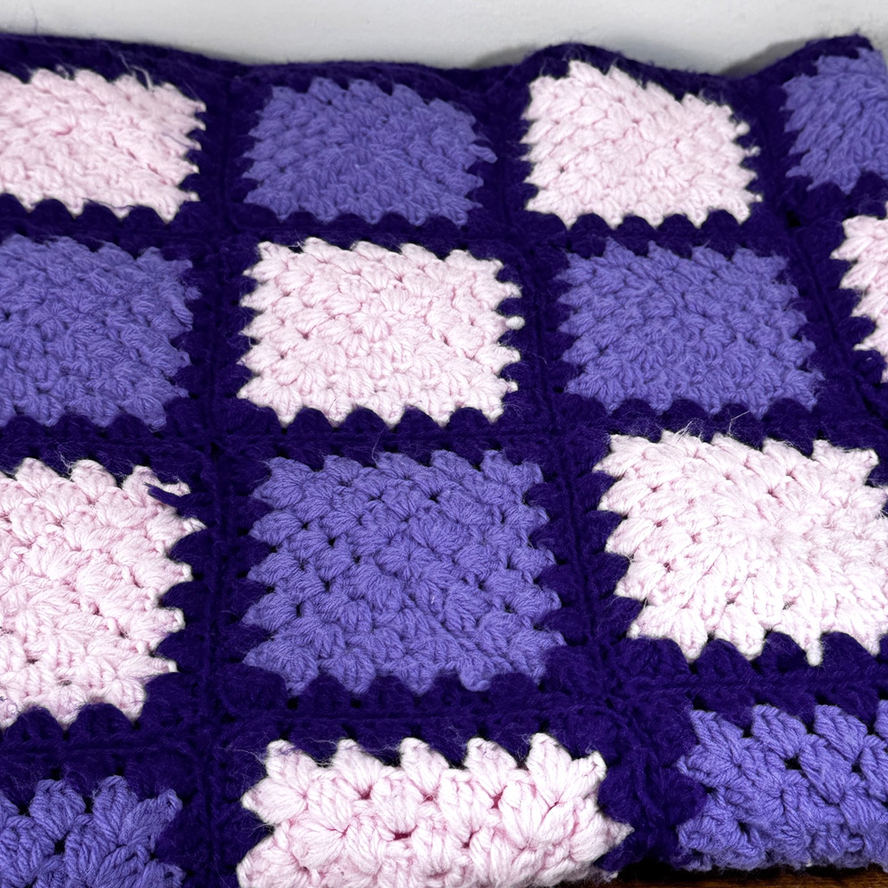 Granny Square Afghan Purple Pink Handmade 40x42 inches Throw